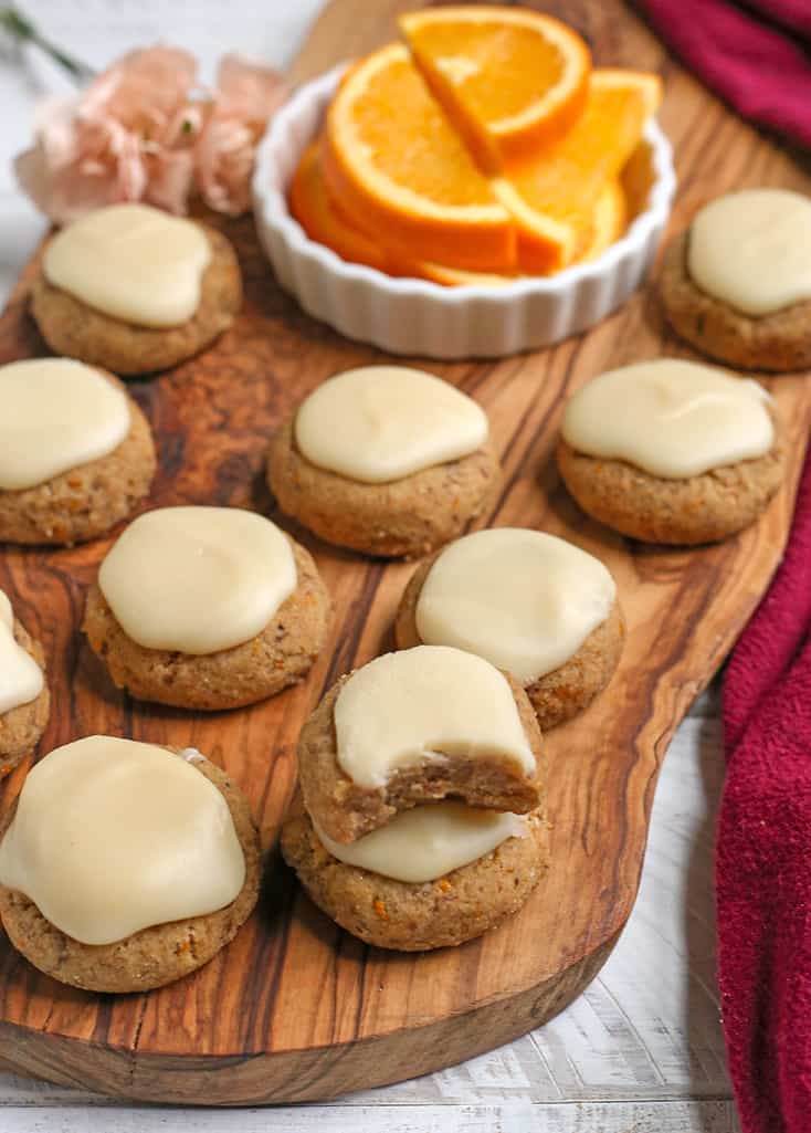 paleo vegan orange cookies on a cutting board, top view