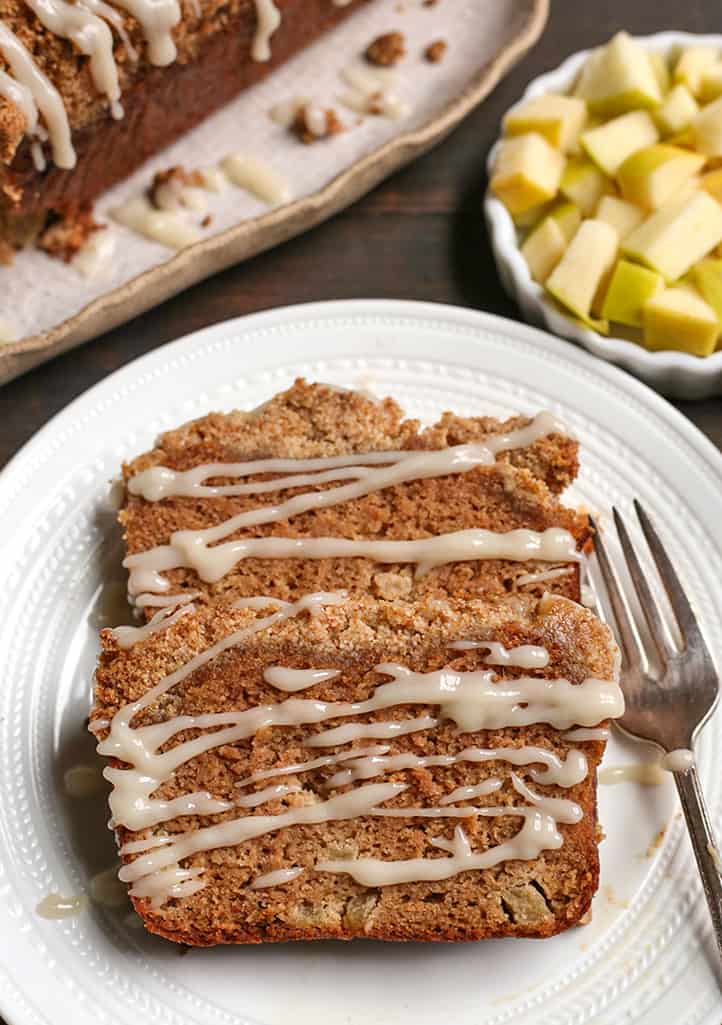 paleo apple pie crumb bread with a drizzle on top