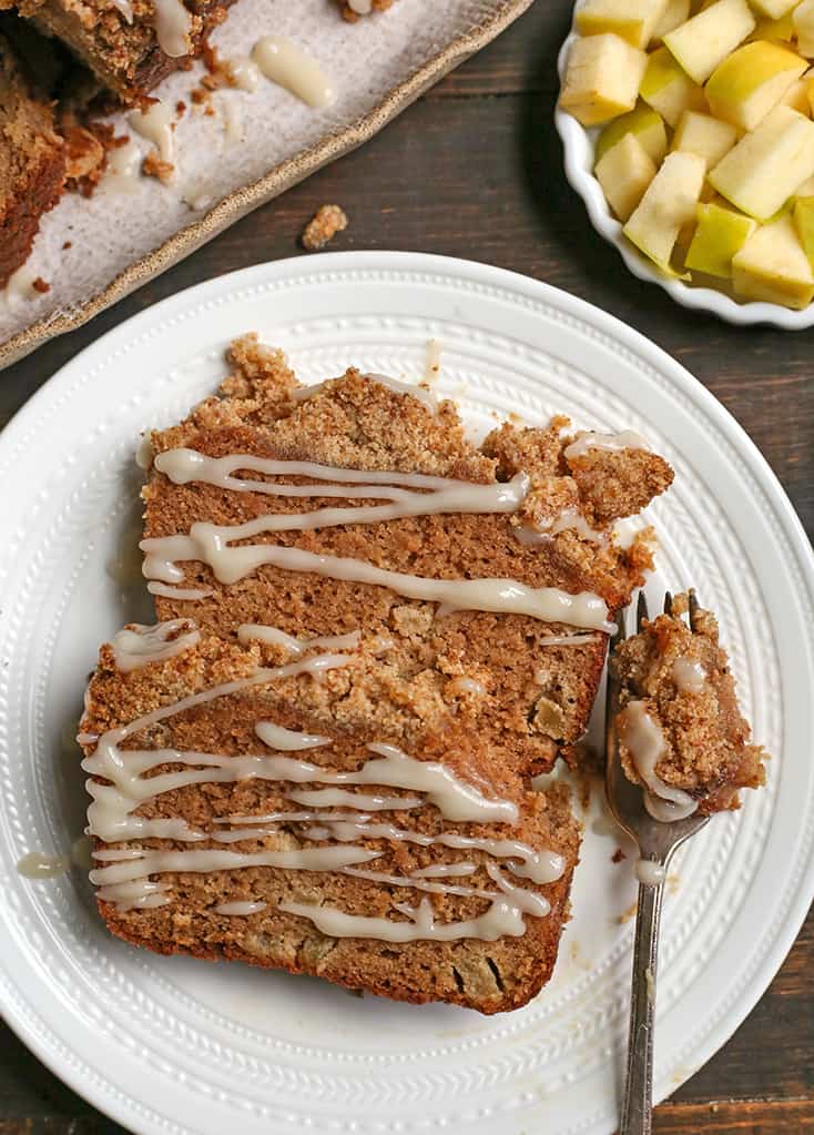 slices of apple pie crumb bread with a drizzle on top