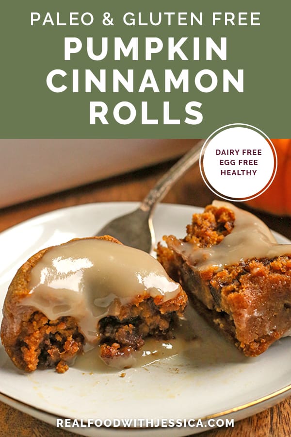 paleo pumpkin cinnamon rolls with text