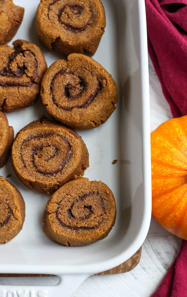 pan of unglazed paleo pumpkin cinnamon rolls 