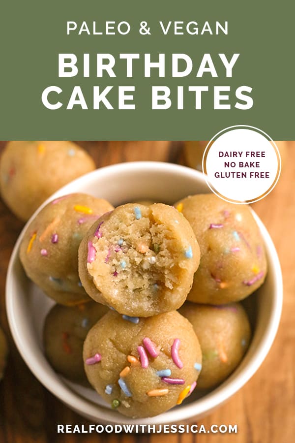 paleo vegan birthday cake bites with text 