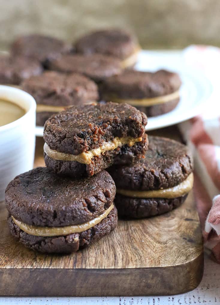 paleo chocolate sandwich cookies in a stack 