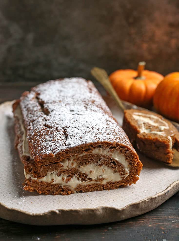 paleo pumpkin roll, side shot showing the layers 