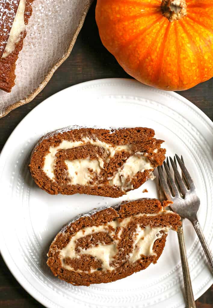 two slices of paleo pumpkin roll 