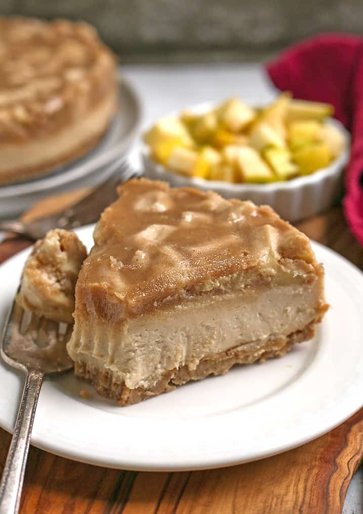 close shot of paleo vegan caramel apple cheesecake 