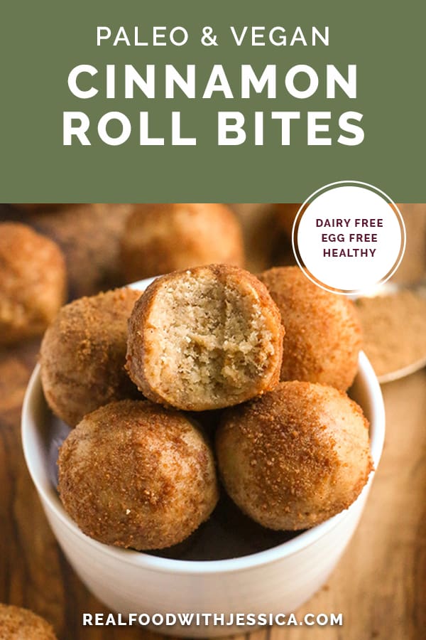 paleo vegan cinnamon roll bites with text 