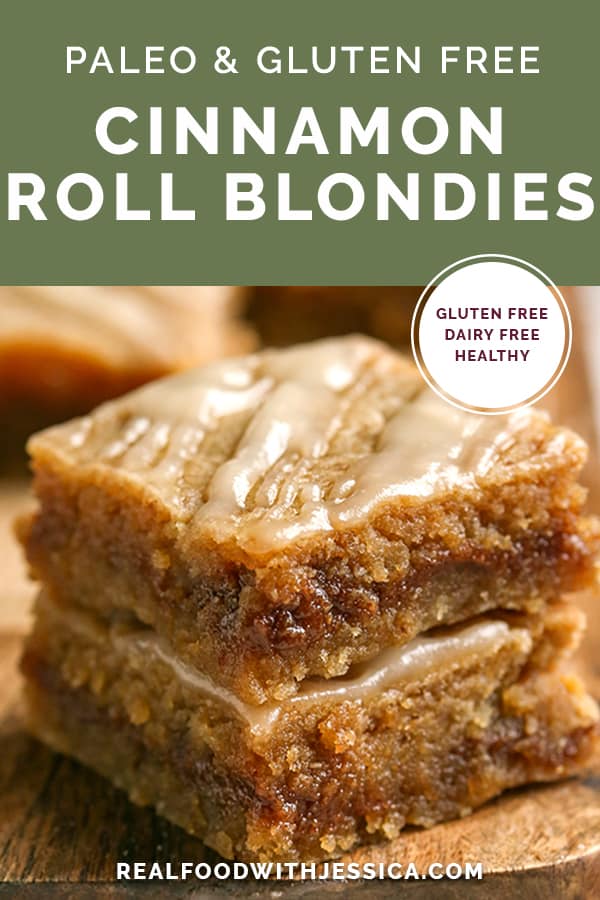 paleo cinnamon roll blondies with text 