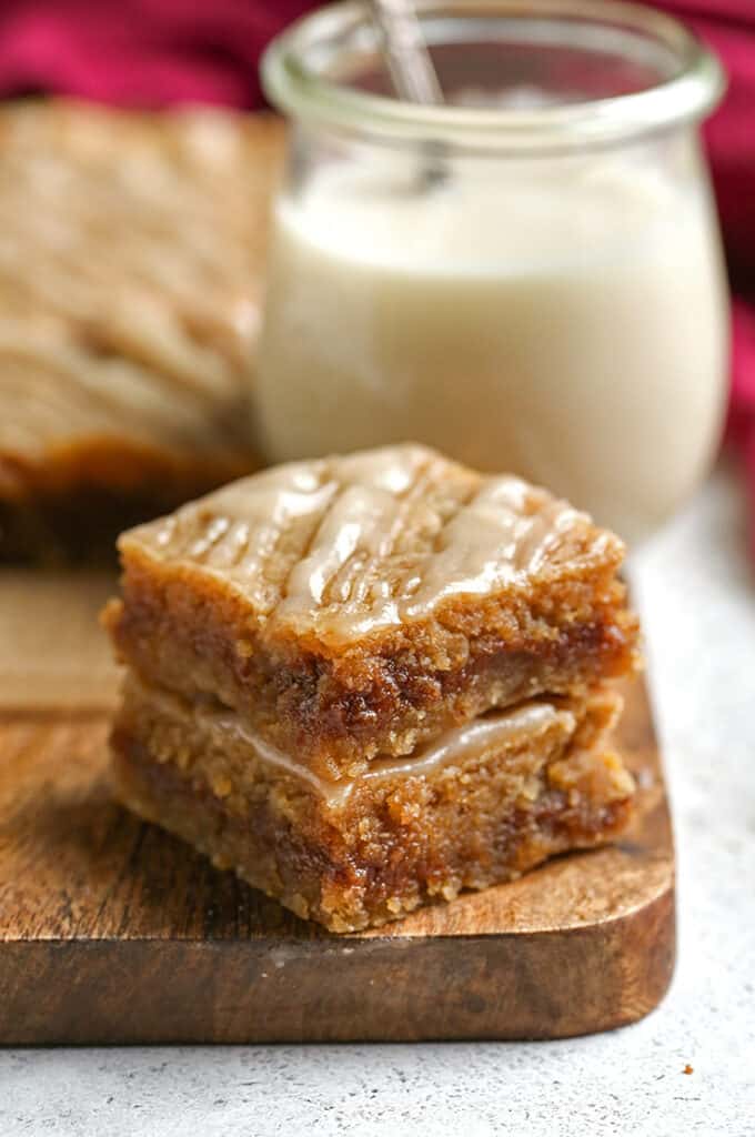 a stack of two paleo cinnamon roll blondies