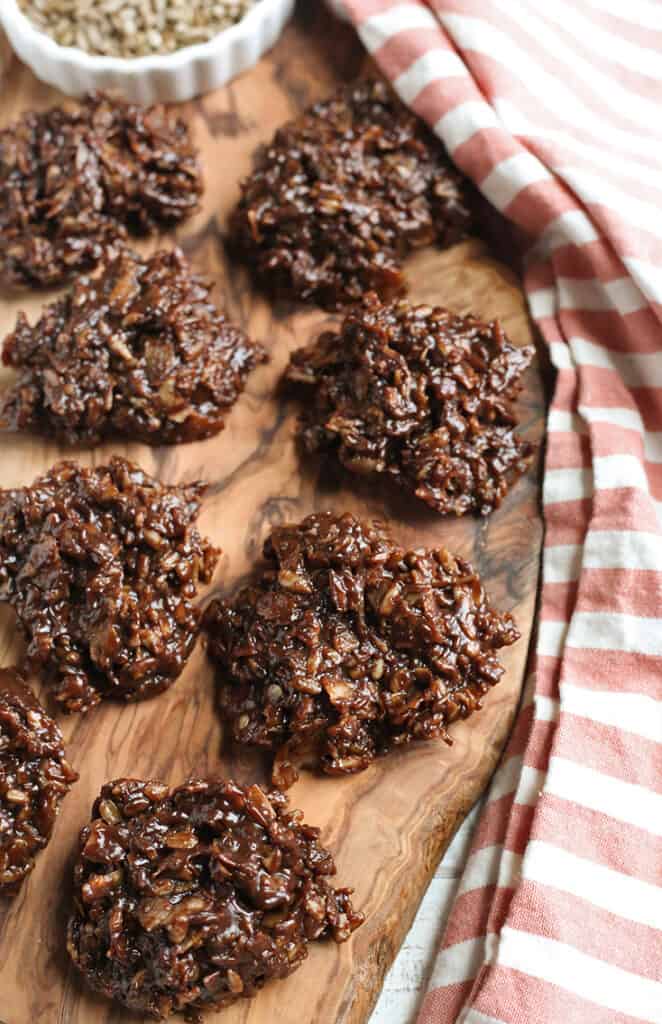 paleo nut-free no bake cookies on a cutting board