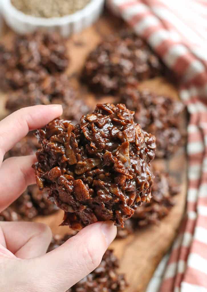 a hand holding a paleo nut free no bake cookie