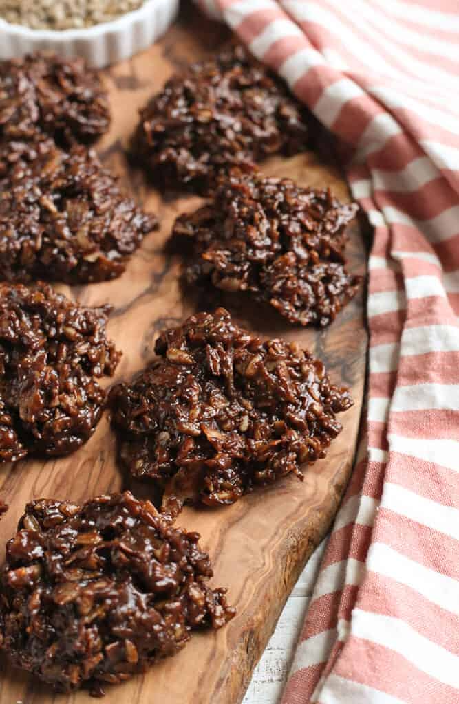 paleo no bake cookies on a cutting board