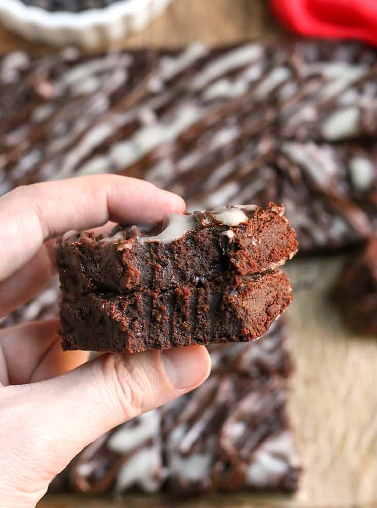 stack of two peppermint brownies with bites taken out