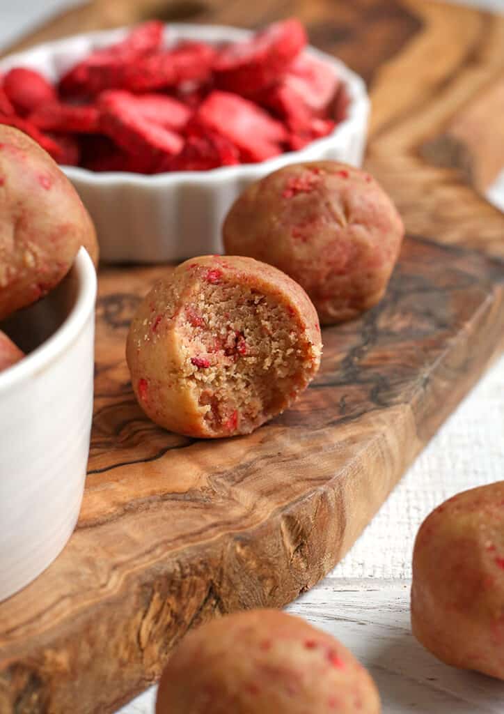 close shot of paleo vegan strawberry shortcake bites