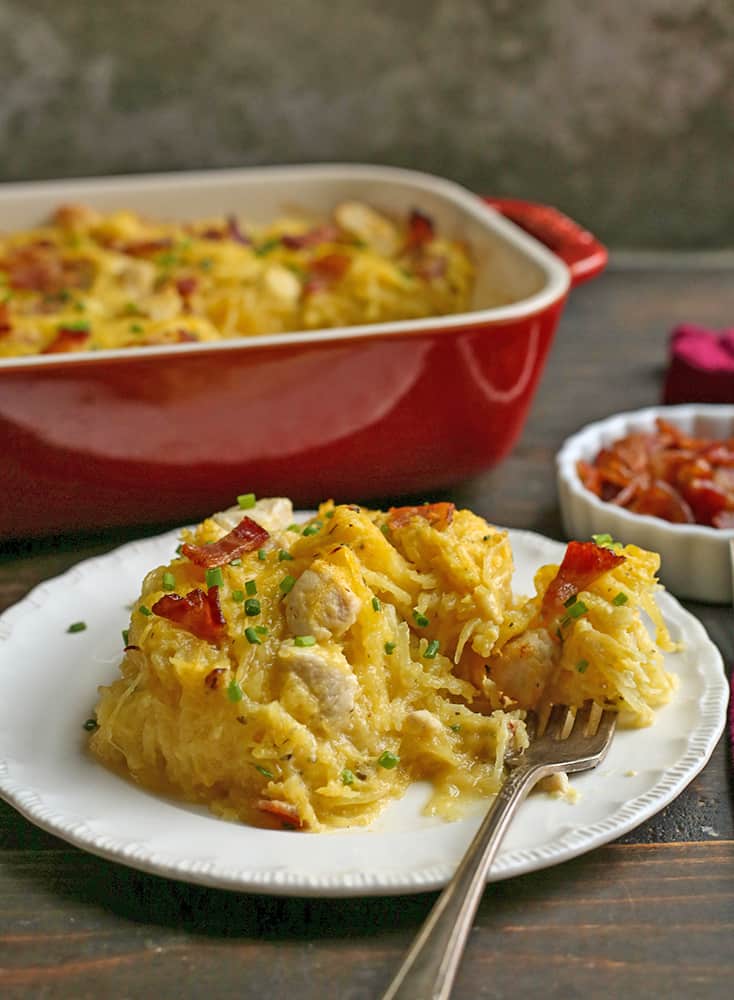 a serving of paleo whole30 chicken bacon ranch casserole on a plate