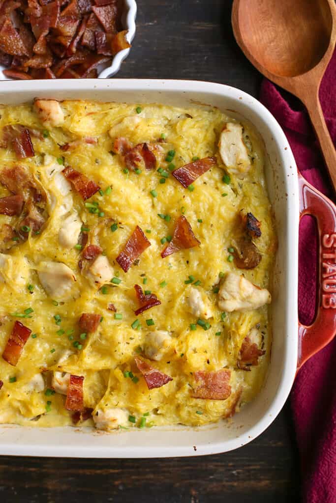 top view of paleo whole30 chicken bacon ranch casserole in a pan