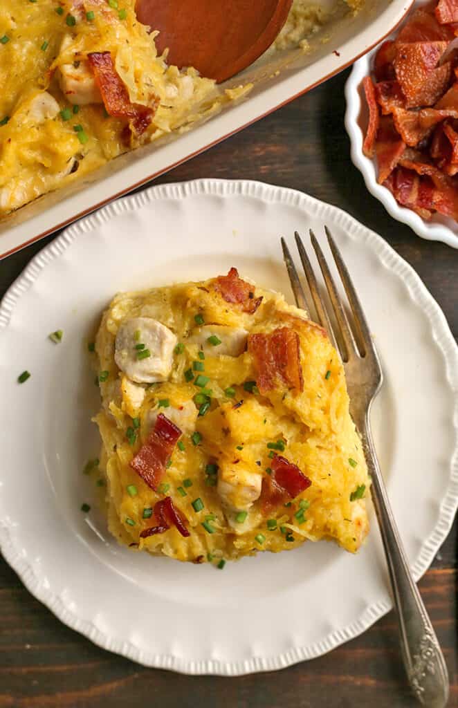 a slice of paleo bacon chicken ranch casserole on a plate 