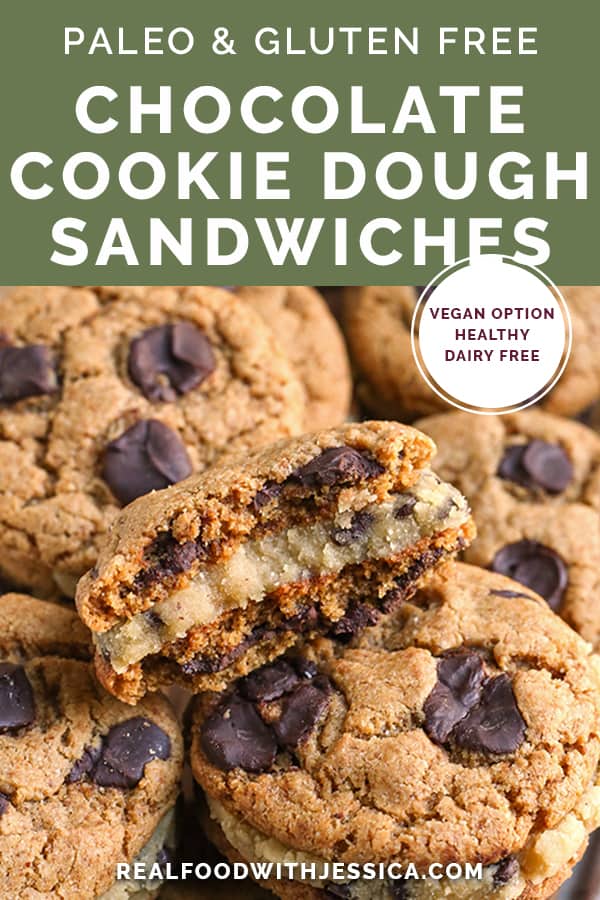 paleo chocolate chip cookie dough sandwich with text 