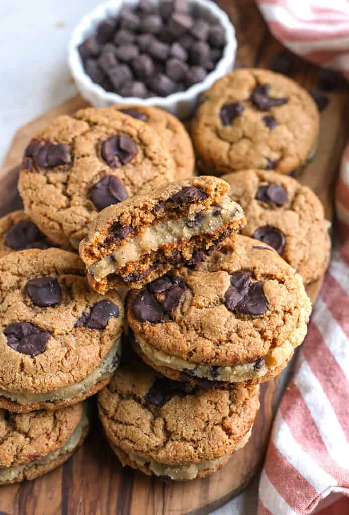 inside showing of a paleo chocolate chip cookie dough sandwich 