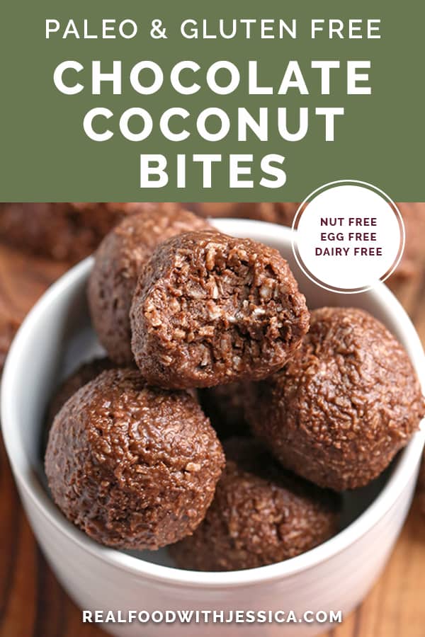 paleo nut free chocolate coconut bites with text 