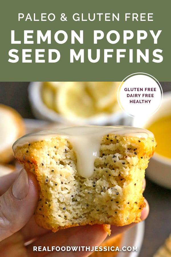 paleo lemon poppy seed olive oil muffins with text 