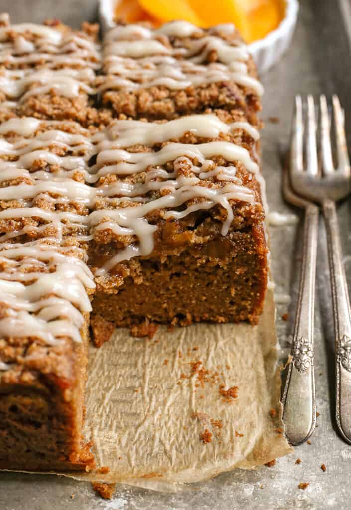 an inside view of the peach cake then it's cut