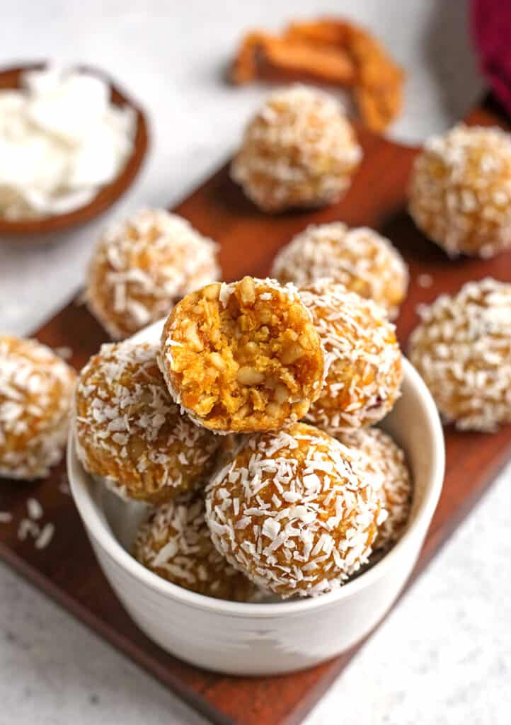 bowl of paleo vegan mango coconut bites 