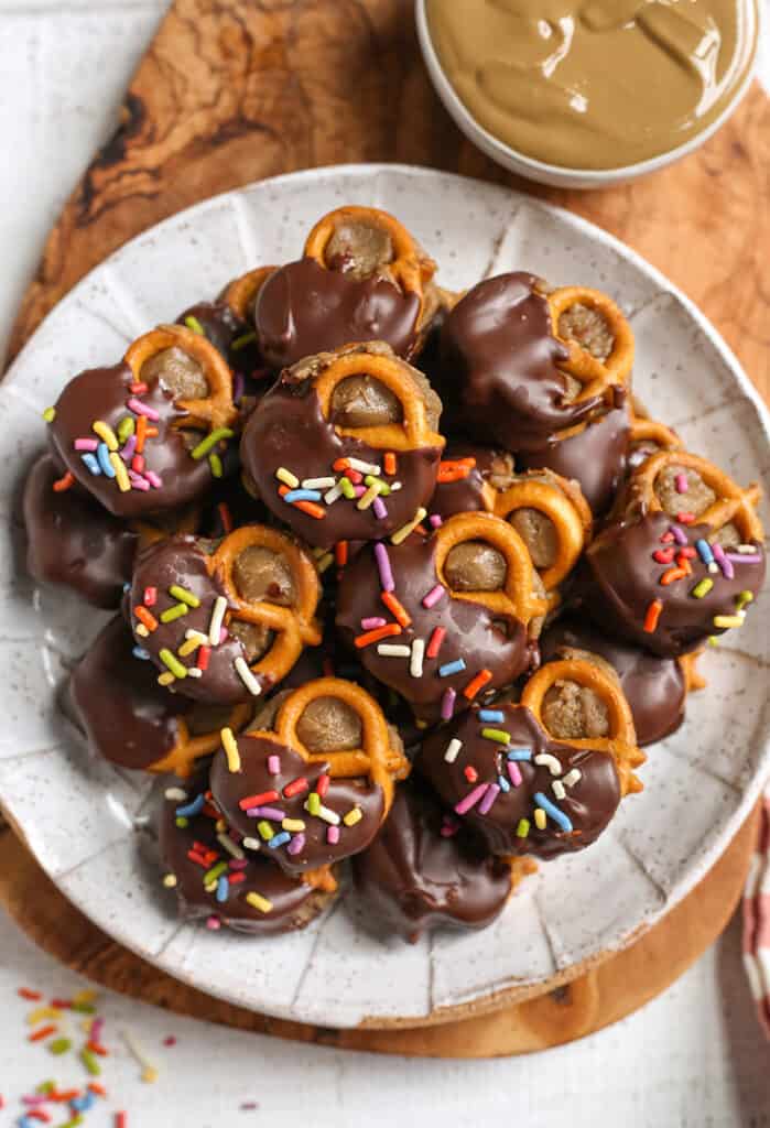 a plate of gluten free vegan sunbutter pretzel bites 