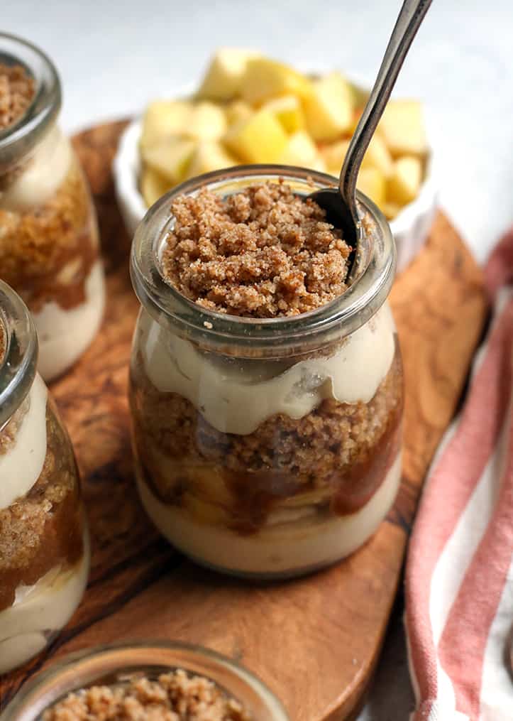 vegan paleo caramel apple parfaits with a spoon in a jar