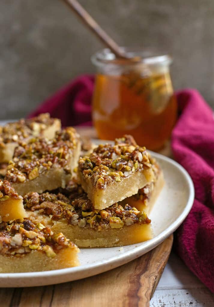 front view of grain free baklava bars, showing the layers 