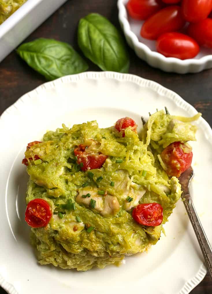 a serving of gluten free pesto casserole on a plate