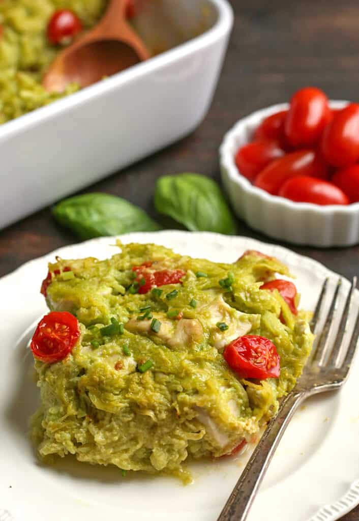 pesto spaghetti squash casserole on a plate 