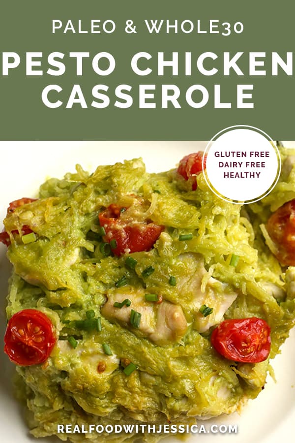 paleo pesto chicken casserole with text 