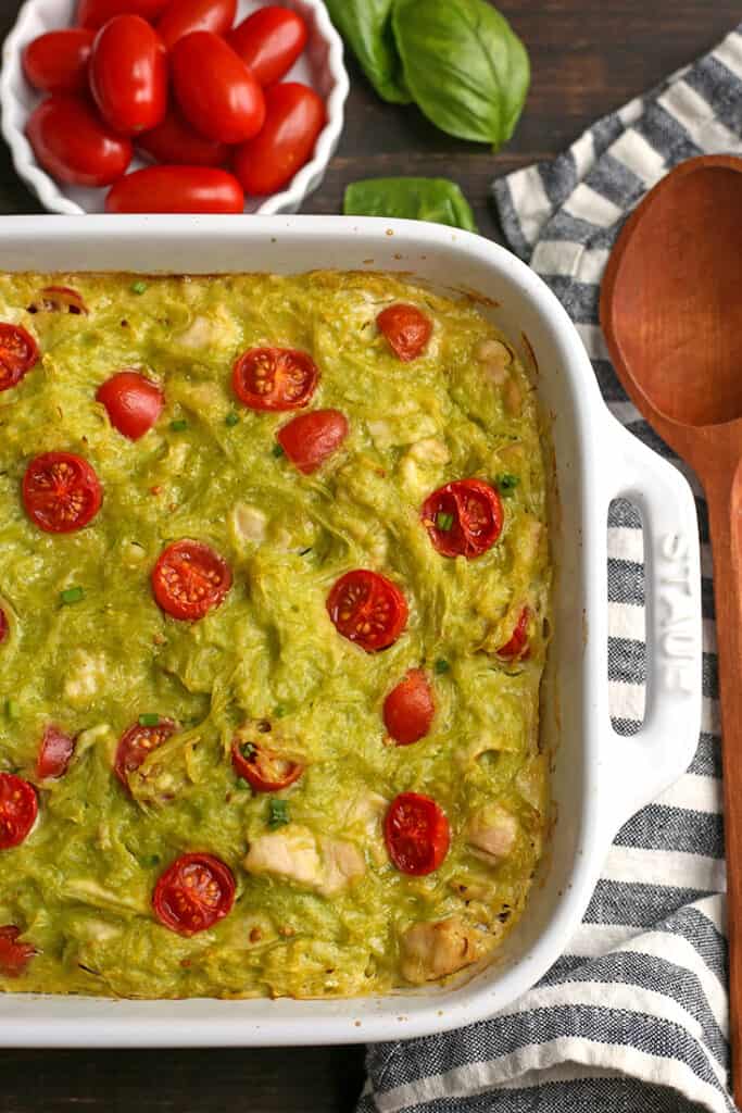 paleo whole30 spaghetti squash pesto casserole in a pan 