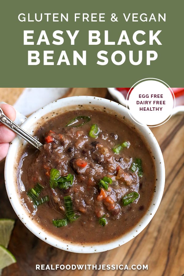 vegan black bean soup with text 
