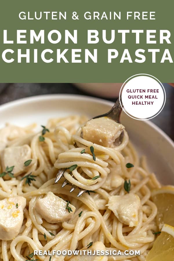 lemon butter chicken pasta with text 