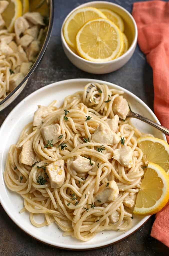 gluten free lemon butter chicken pasta on a plate 