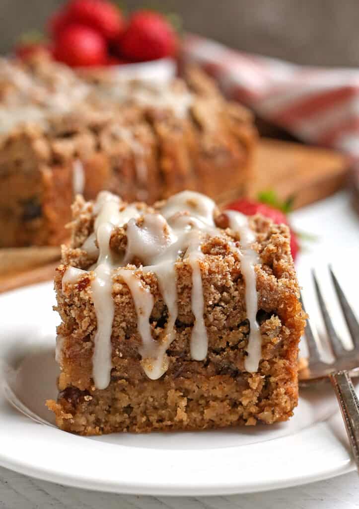 close up for a piece of paleo sour cream coffee cake 