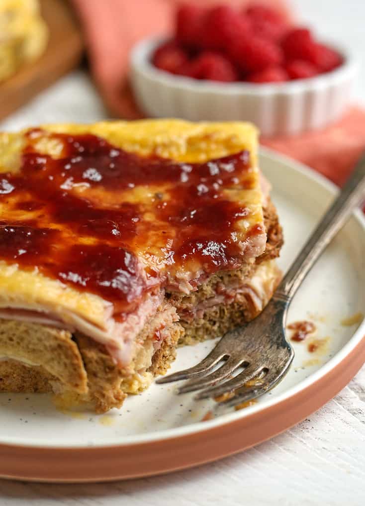 close up of monte cristo casserole with a bite taken out of it 