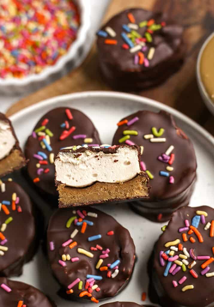 a paleo healthy candy bar cut in half to show the inside 