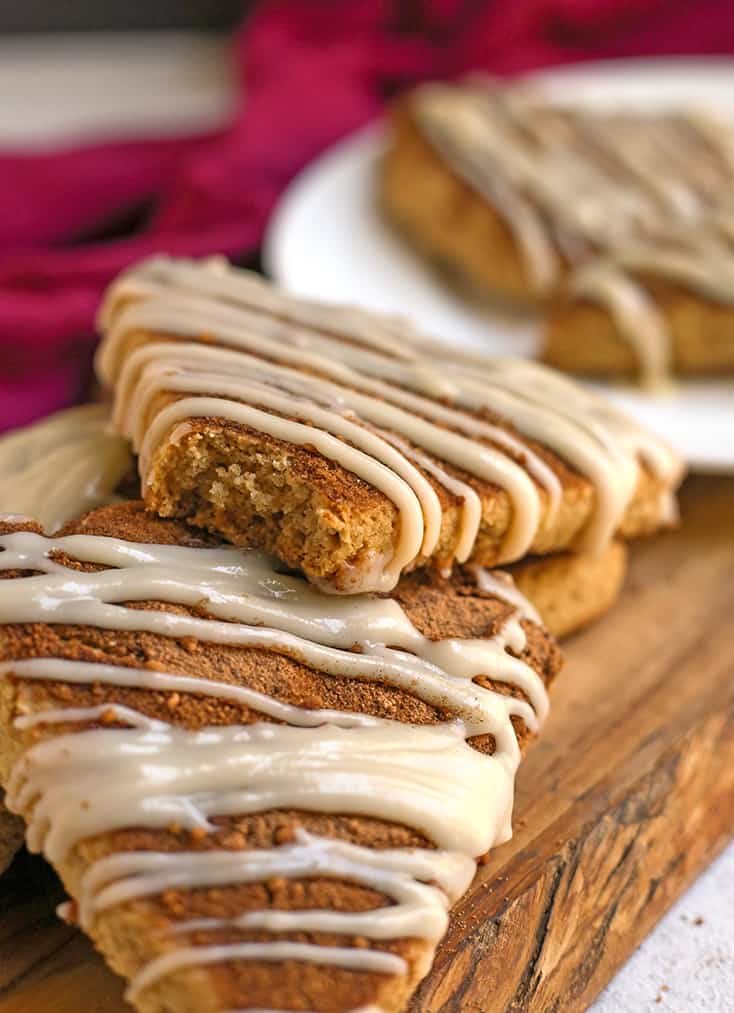 a stack of paleo cinnamon roll scones 