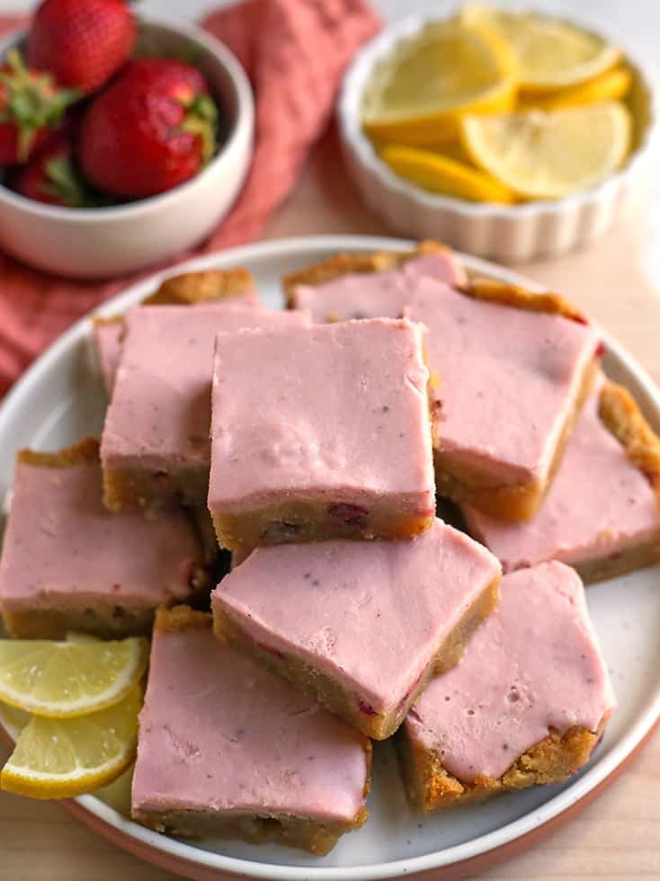 paleo vegan strawberry lemon bars on a plate 