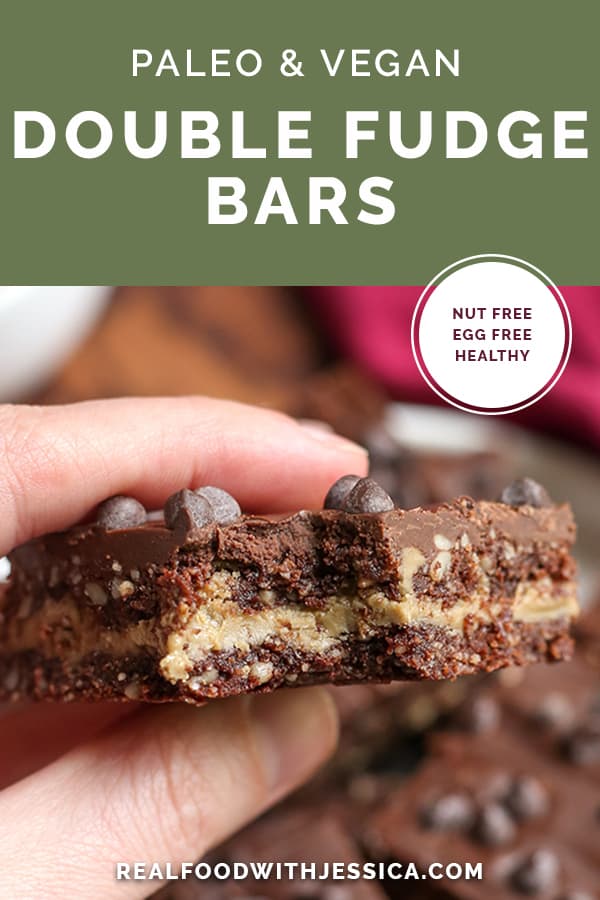 vegan double fudge cookie bars with text 