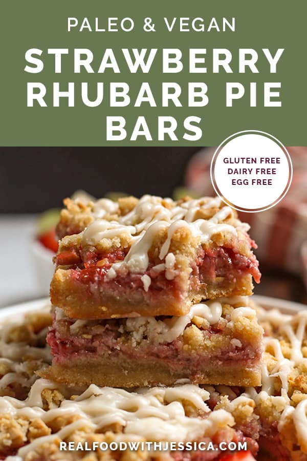 paleo strawberry rhubarb pie bars with text 