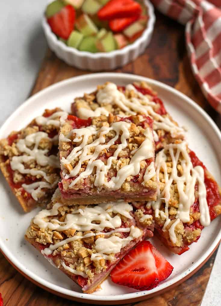 a plate of paleo strawberry rhubarb crumb bars 