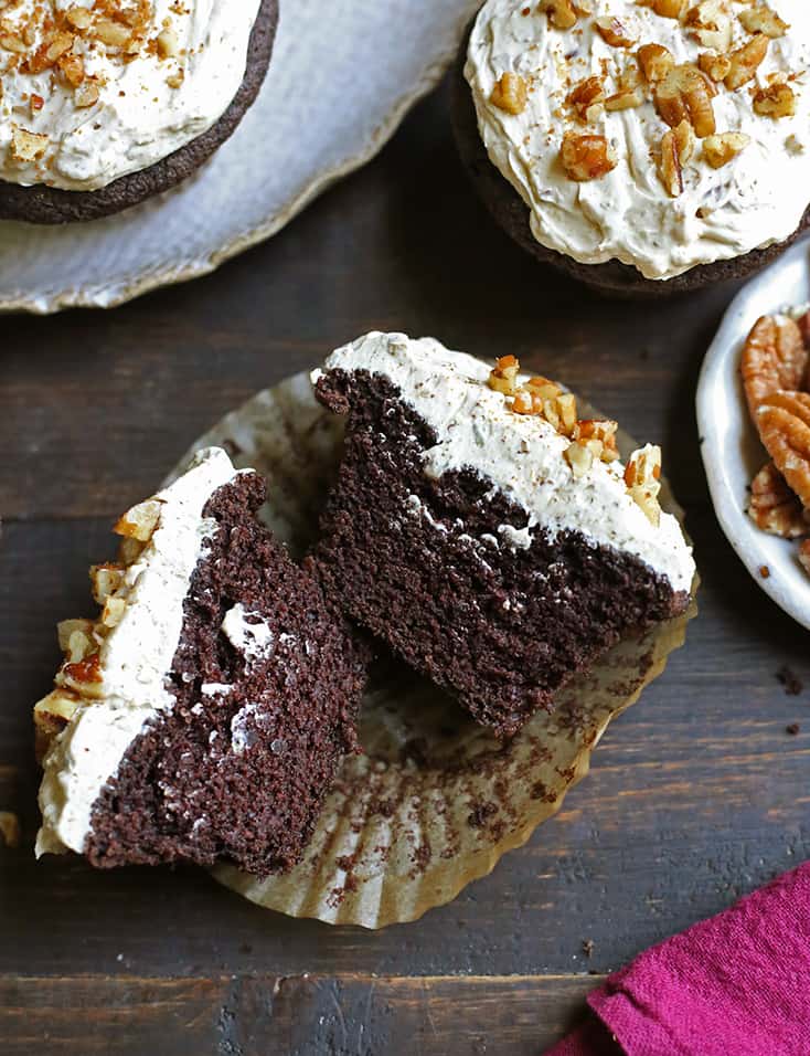 bourbon chocolate butter pecan cupcake cut in half 