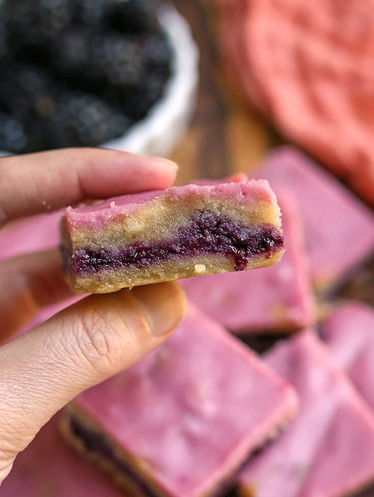 hand holding a paleo blackberry pop tart bar showing the layers 