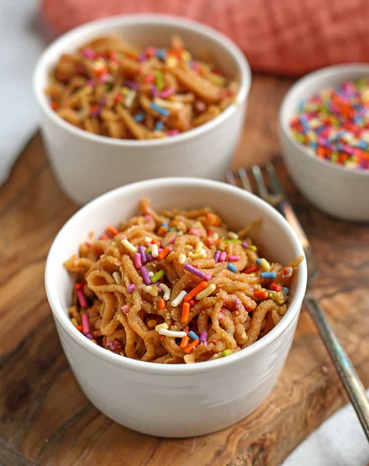 small bowl of cookie dough spaghetti 