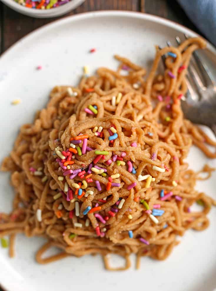 plate of funfetti spaghetti cookie dough 