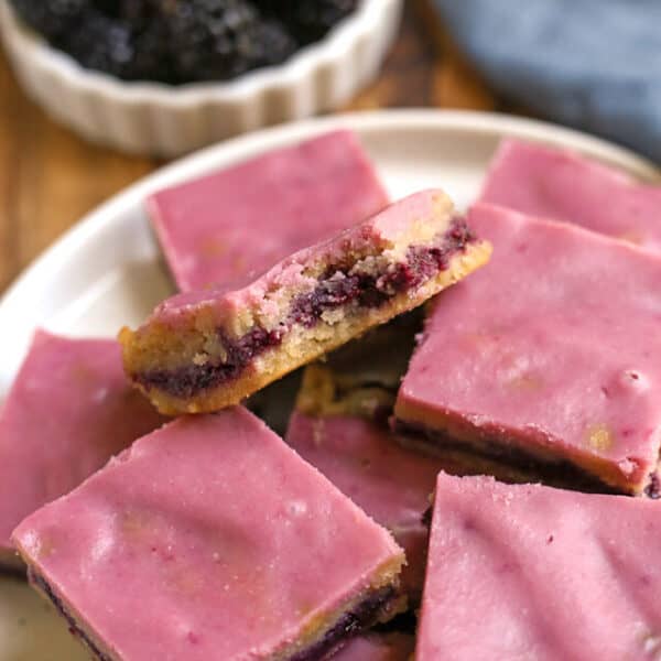 Paleo Blackberry Pop Tart Bars stacked on a plate
